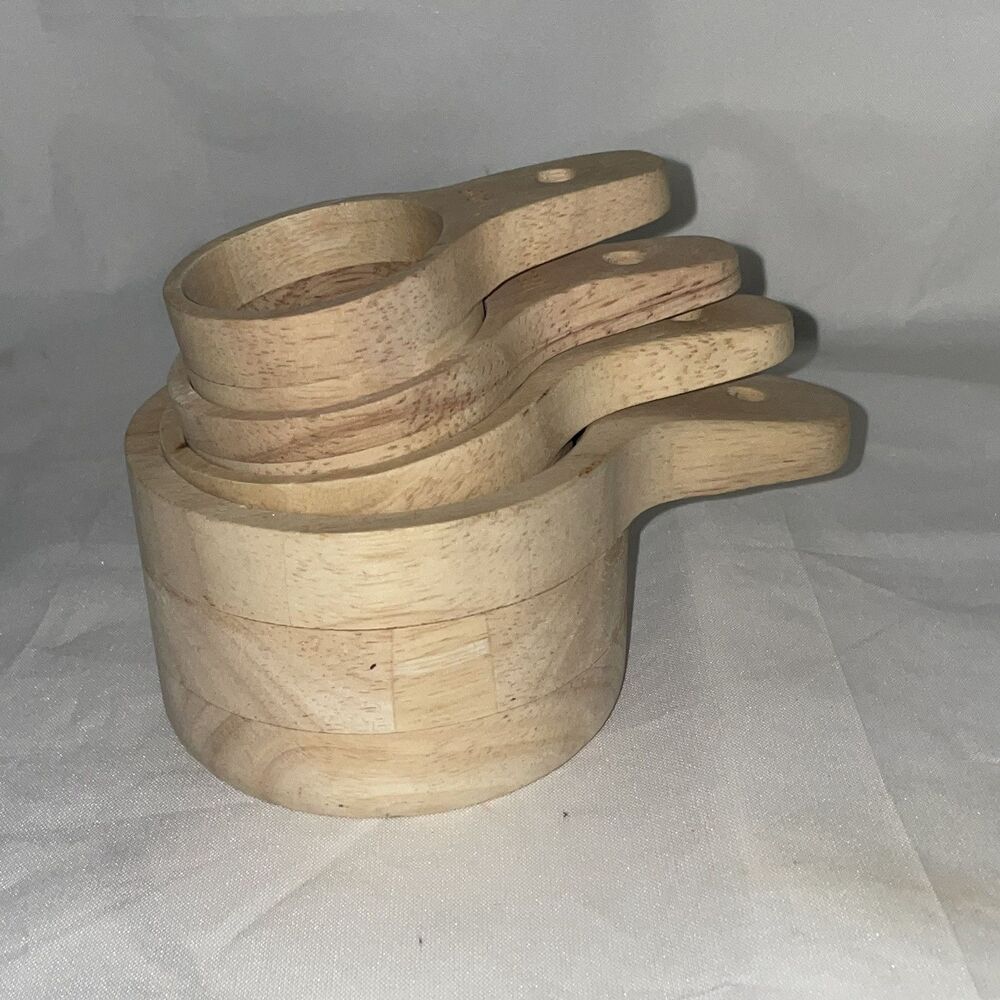 Wood Nesting Measuring Cups Set Of 4 Rustic Farmhouse Baking Scoop Spoon Sturdy